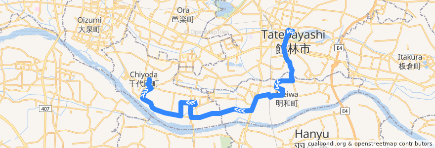 Mapa del recorrido 館林・明和・千代田線 館林市役所⇒川俣駅西口・ふれあいタウンジョイフル本田⇒千代田町役場 de la línea  en 邑楽郡.