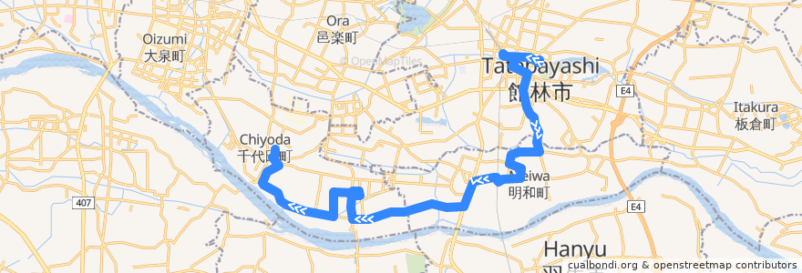 Mapa del recorrido 館林・明和・千代田線 館林市役所⇒館林駅東口・川俣駅西口・ふれあいタウンジョイフル本田⇒千代田町役場 de la línea  en 邑楽郡.