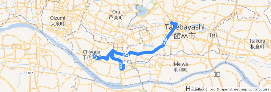 Mapa del recorrido 館林・千代田線 千代田町役場⇒ふれあいタウンジョイフル本田・上三林⇒館林駅東口 de la línea  en 群馬県.