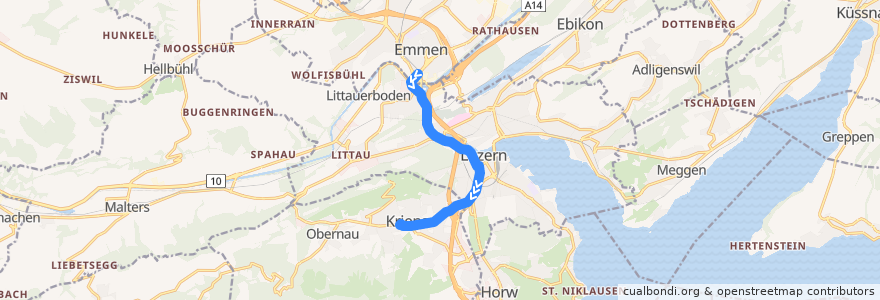 Mapa del recorrido Bus 5: Emmenbrücke, Bahnhof Süd => Kriens, Busschleife de la línea  en Lucerne.