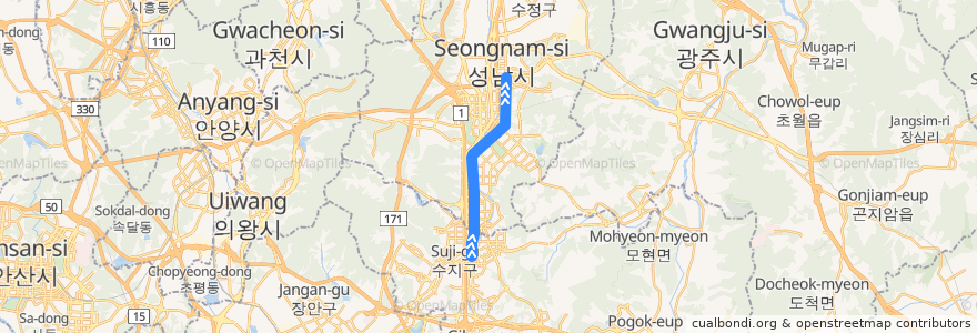 Mapa del recorrido 수도권 전철 분당선: 죽전 → 왕십리 de la línea  en 대한민국.