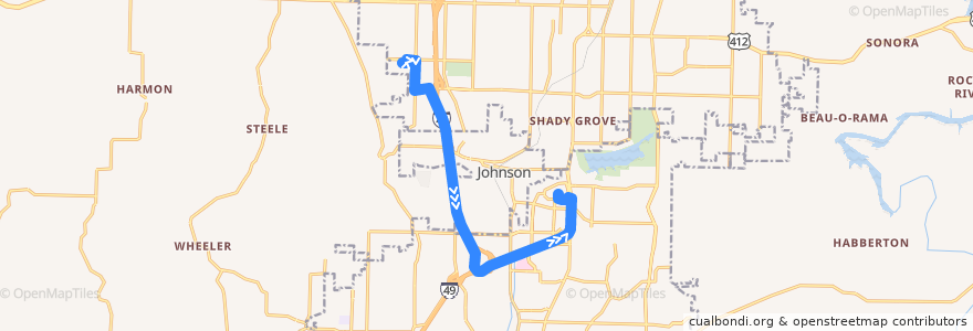 Mapa del recorrido ORT 490 Southbound NWACC WC-NWA Mall de la línea  en Washington County.