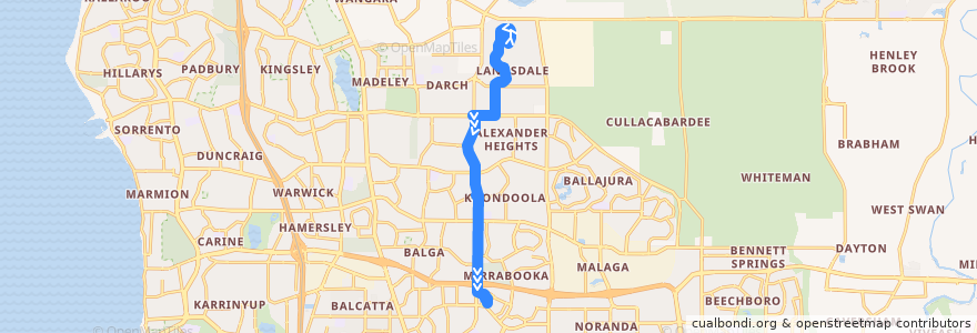 Mapa del recorrido 376TL Landsdale → Mirrabooka Bus Station de la línea  en Western Australia.