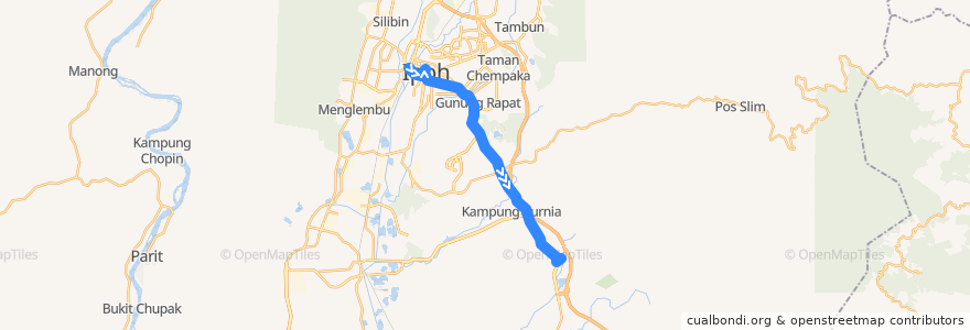 Mapa del recorrido T34 Stesen Bas Medan Kidd – Stesen Bas Gopeng (outbound) de la línea  en Perak.