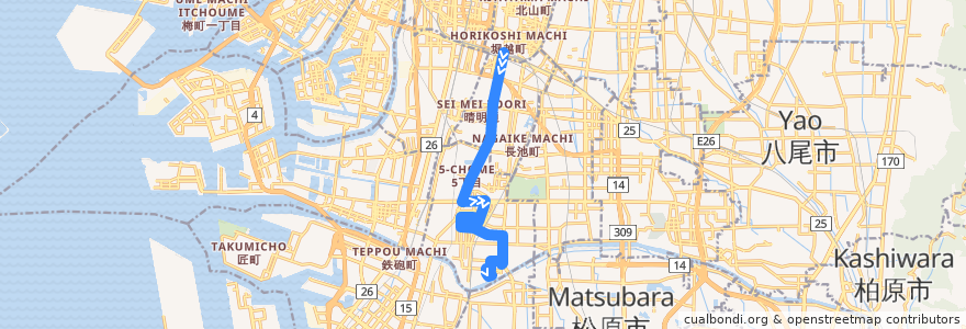 Mapa del recorrido 63: あべの橋-浅香 de la línea  en 오사카.