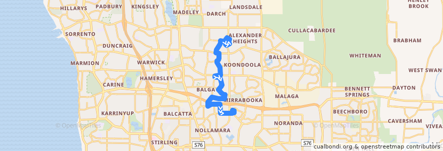 Mapa del recorrido 375T Alexander Heights Shopping Centre → Mirrabooka Bus Station de la línea  en أستراليا الغربية.