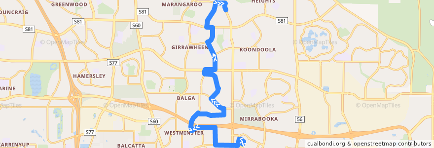 Mapa del recorrido 375F Mirrabooka Bus Station → Alexander Heights Shopping Centre de la línea  en Western Australia.