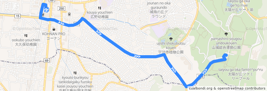 Mapa del recorrido 大久保太陽が丘線 近鉄大久保 --> 太陽が丘 de la línea  en 宇治市.