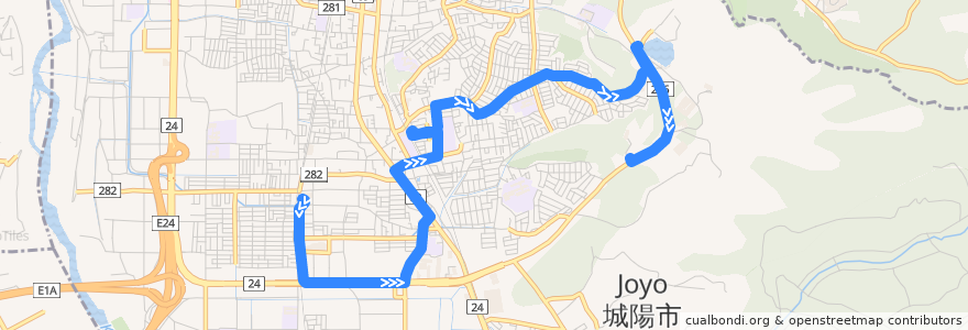 Mapa del recorrido 鴻ノ巣山運動公園近鉄寺田線 近鉄寺田 --> サンガタウン城陽 --> プラムイン城陽 de la línea  en 城陽市.