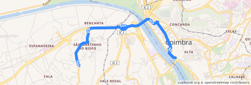 Mapa del recorrido 14T: São Martinho do Bispo => Beira Rio de la línea  en Coimbra.