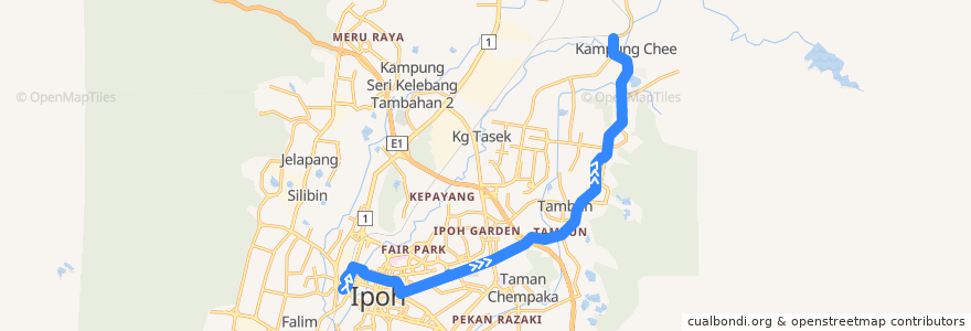 Mapa del recorrido T33b Stesen Bas Medan Kidd – Tanjong Rambutan (outbound) de la línea  en Perak.