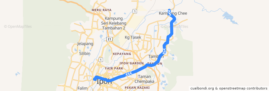 Mapa del recorrido T33b Tanjong Rambutan – Stesen Bas Medan Kidd (inbound) de la línea  en Перак.