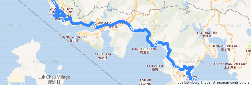 Mapa del recorrido 城巴73線 Citybus 73 (數碼港 Cyberport → 赤柱 Stanley (不停赤柱村 skip Stanley Village)) de la línea  en Güney Semti.