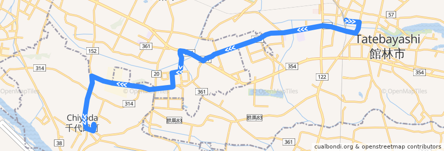 Mapa del recorrido 館林・邑楽・千代田線 館林駅東口⇒鞍掛工業団地⇒千代田町役場 de la línea  en 館林市.