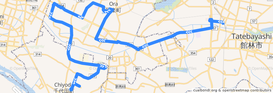 Mapa del recorrido 館林・邑楽・千代田線 館林駅西口⇒邑楽町役場・おうら病院⇒千代田町役場 de la línea  en 邑楽郡.