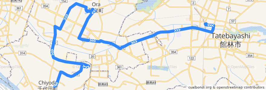 Mapa del recorrido 館林・邑楽・千代田線 千代田町役場⇒邑楽町役場⇒館林駅東口 de la línea  en 群馬県.