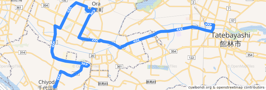 Mapa del recorrido 館林・邑楽・千代田線 館林駅東口⇒邑楽町役場⇒千代田町役場 de la línea  en Gunma Prefecture.