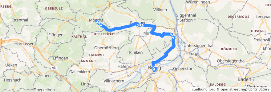 Mapa del recorrido Bus 374: Mönthal => Eisi => Brugg AG de la línea  en Bezirk Brugg.