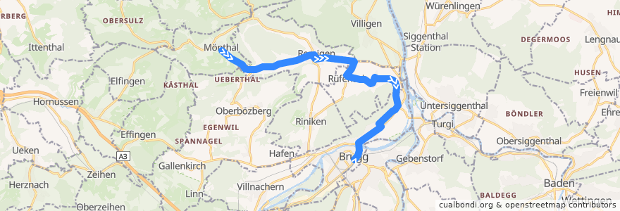 Mapa del recorrido Bus 374: Mönthal => Brugg AG de la línea  en Bezirk Brugg.