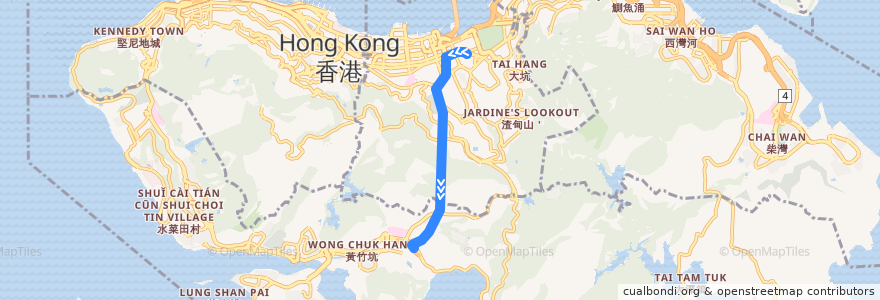 Mapa del recorrido 港島專綫小巴40線 Hong Kong Green Minibus 40 (銅鑼灣 Causeway Bay → 赤柱村 Stanley Village) de la línea  en جزيرة هونغ كونغ.