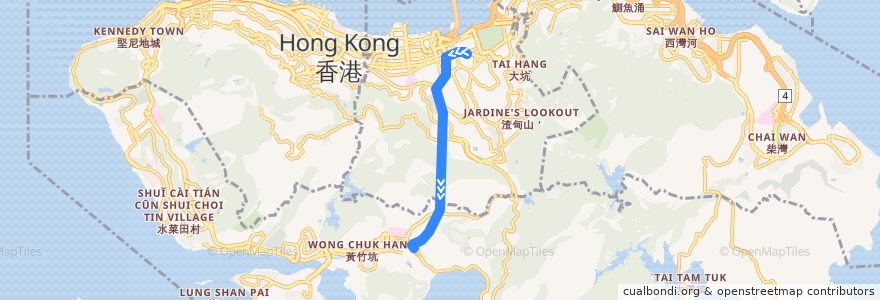 Mapa del recorrido 港島專綫小巴40線 Hong Kong Green Minibus 40 (銅鑼灣 Causeway Bay → 赤柱村 Stanley Village) de la línea  en Isla de Hong Kong.