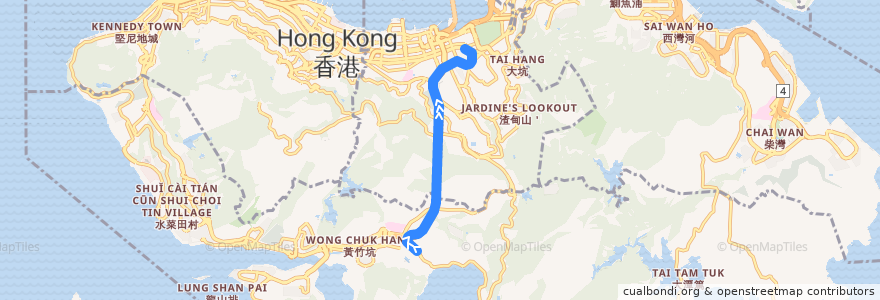 Mapa del recorrido 港島專綫小巴40X線 Hong Kong Green Minibus 40X (赤柱監獄 Stanley Prison → 銅鑼灣 Causeway Bay) de la línea  en 香港島 Hong Kong Island.