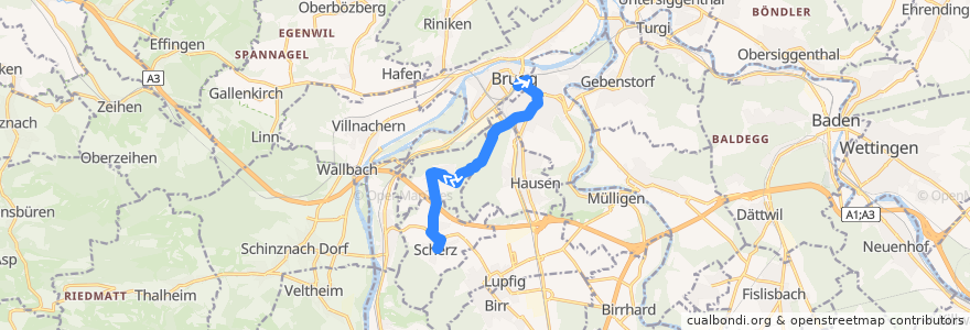 Mapa del recorrido Bus 366: Brugg AG => Scherz de la línea  en Bezirk Brugg.