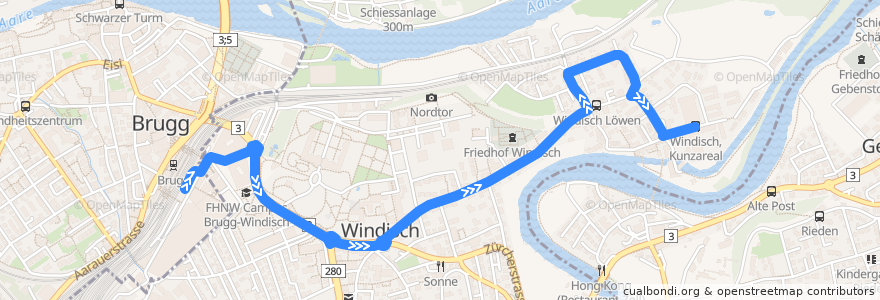 Mapa del recorrido Bus 361: Brugg AG => Windisch, Kunzareal de la línea  en Bezirk Brugg.