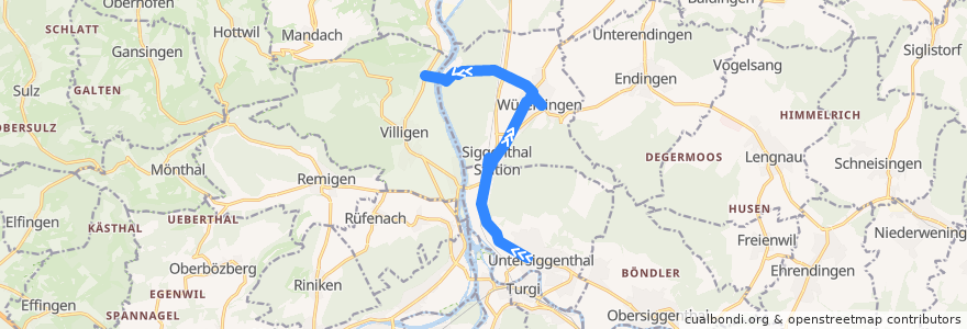 Mapa del recorrido Bus 357: Untersiggenthal => Villigen, PSI West de la línea  en Bezirk Baden.