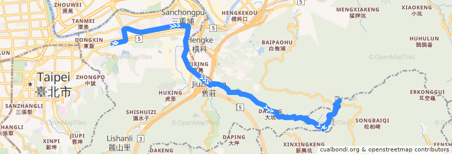 Mapa del recorrido 臺北市 小5 捷運昆陽站->光明寺 de la línea  en تايبيه.