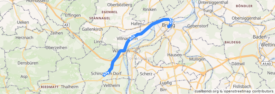 Mapa del recorrido Bus 371: Schinznach Dorf => Brugg AG de la línea  en Bezirk Brugg.