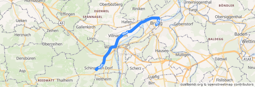 Mapa del recorrido Bus 371: Brugg AG => Schinznach Dorf de la línea  en Bezirk Brugg.