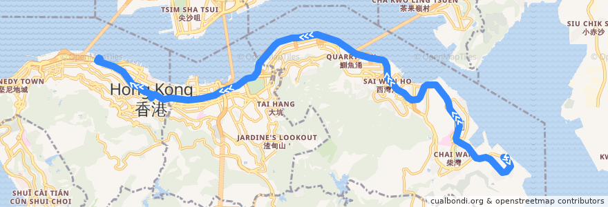 Mapa del recorrido 城巴788線 Citybus 788 (小西灣（藍灣半島） Siu Sai Wan (Island Resort) → 中環（港澳碼頭） Central (Macau Ferry) (經金鐘 via Admiralty)) de la línea  en Hong Kong Island.