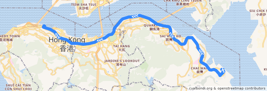 Mapa del recorrido 城巴788線 Citybus 788 (小西灣（藍灣半島） Siu Sai Wan (Island Resort) → 中環（港澳碼頭） Central (Macau Ferry) (不停富景花園 omit Fullview Garden)) de la línea  en 香港島 Hong Kong Island.