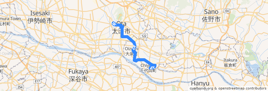 Mapa del recorrido 大泉・千代田線 太田記念病院⇒大泉町役場・福島⇒千代田町役場 de la línea  en Гумма.