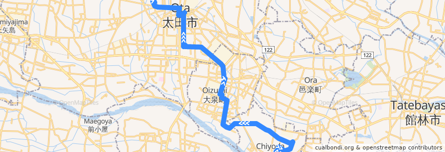 Mapa del recorrido 大泉・千代田線 千代田町役場⇒福島・大泉町役場⇒太田記念病院 de la línea  en Prefettura di Gunma.