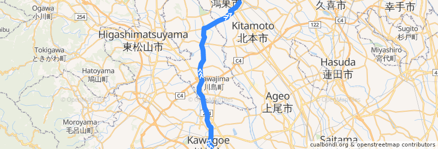 Mapa del recorrido 川越03 川越駅東口→鴻巣駅東口→免許センター de la línea  en 사이타마현.