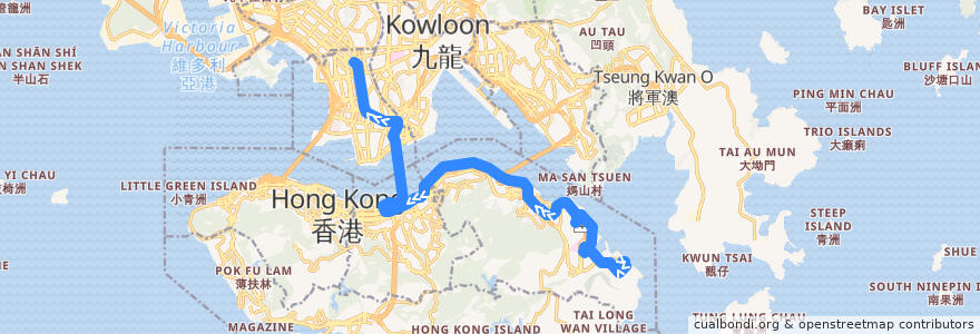 Mapa del recorrido 過海隧巴118P線 Cross-harbour Bus 118P (小西灣（藍灣半島） Siu Sai Wan (Island Resort) → 旺角（基榮小學） Mong Kok (Kei Wing Primary School)) de la línea  en جزیره هنگ کنگ.