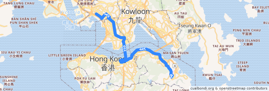 Mapa del recorrido 過海隧巴118線 Cross-harbour Bus 118 (柴灣（康翠臺） Chai Wan (Greenwood Terrace) → 長沙灣（深旺道） Cheung Sha Wan (Sham Mong Road)) de la línea  en هنگ‌کنگ.