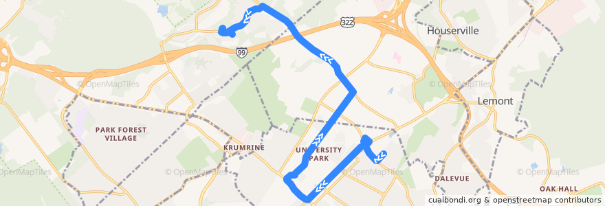 Mapa del recorrido Bus HU: University Terrace -> Campus and Downtown -> Toftrees de la línea  en Centre County.