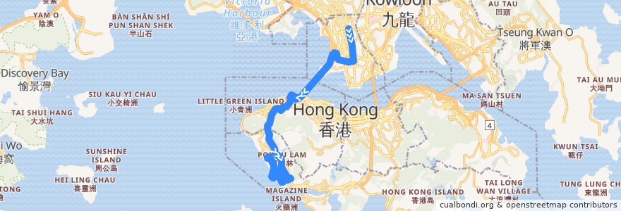 Mapa del recorrido 過海隧巴970線 Cross-harbour Bus 970 (旺角 Mong Kok → 數碼港 Cyberport) de la línea  en Hong Kong.