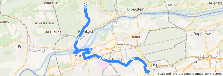 Mapa del recorrido Bus 1: Küttigen => Buchs AG (Spätbetrieb) de la línea  en Bezirk Aarau.