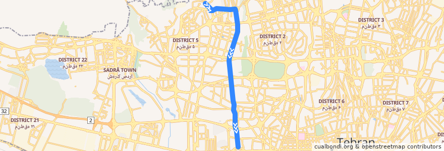 Mapa del recorrido (۱۱۰) دانشگاه علوم و تحقیقات - پایانه آزادگان de la línea  en شهر تهران.