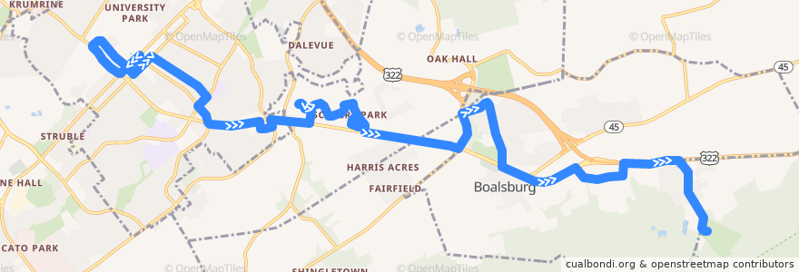 Mapa del recorrido Bus P: Campus and Downtown -> Foxdale -> Hills Plaza -> Mt. Nittany Residences -> Scenery Park -> Boalsburg -> Tussey Mountain de la línea  en Centre County.