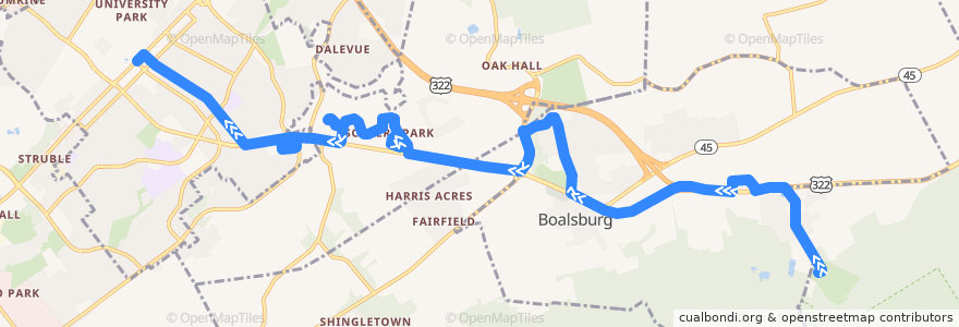 Mapa del recorrido Bus P: Tussey Mountain -> Boalsburg -> Scenery Park -> Mt. Nittany Residences -> Hills Plaza -> Foxdale -> Campus and Downtown de la línea  en Centre County.