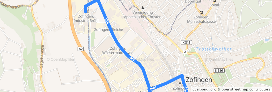 Mapa del recorrido Bus 3: Zofingen, Bahnhof => Industrie Brühl de la línea  en Bezirk Zofingen.