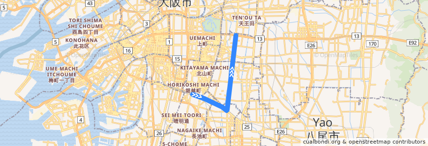 Mapa del recorrido BRT2: あべの橋-地下鉄今里 de la línea  en 大阪市.