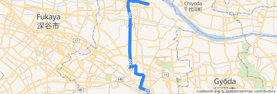 Mapa del recorrido 朝日バスKM51系統 熊谷駅⇒中奈良（バイパス経由）⇒妻沼 de la línea  en 熊谷市.