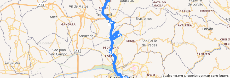 Mapa del recorrido 2F: Manutenção => Santa Apolónia => Sargento Mor de la línea  en Coimbra.