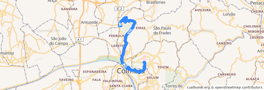 Mapa del recorrido 36F: Ponte de Eiras => Hospitais UC de la línea  en Coïmbre.